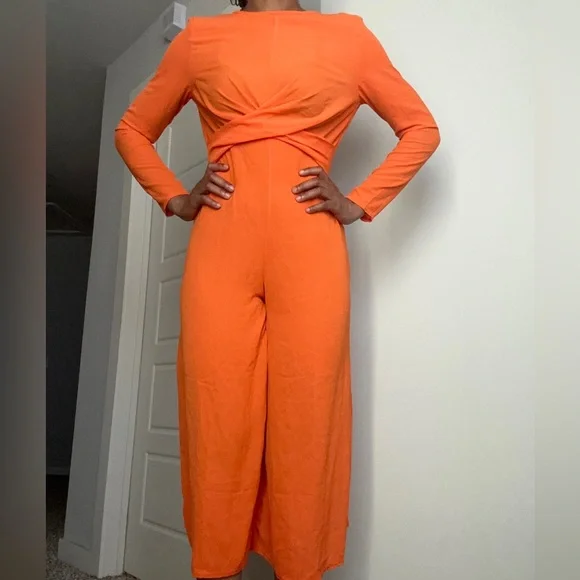 Orange long-sleeve Wrap Front Jumpsuit - Picture 8 of 11